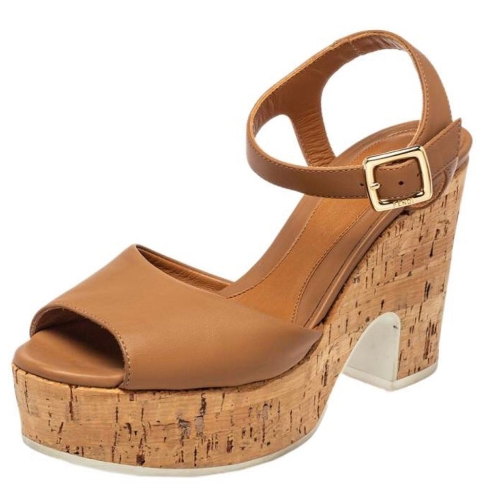 Fendi Brown Leather Cork Heeled Ankle Strap Sandals